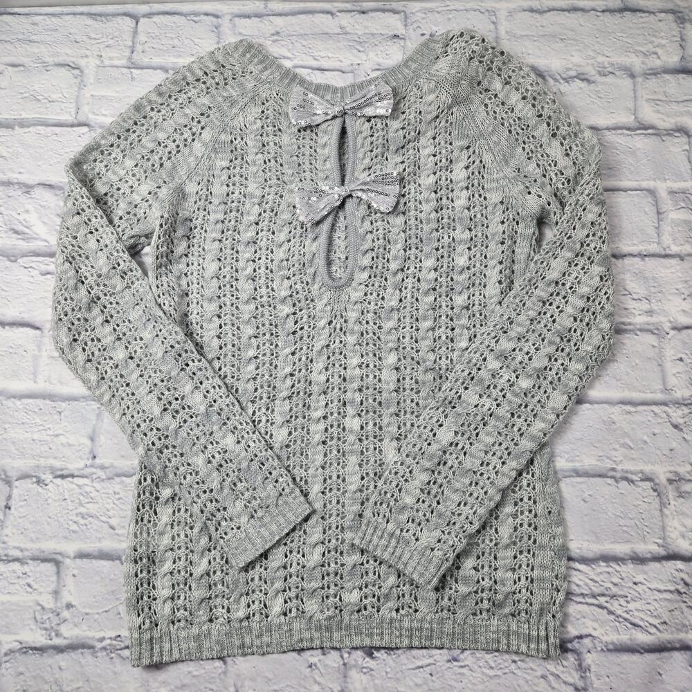 Delias Back Sequin Bow Sweater Light Gray size Small  Loose Knit Keyhole Holiday